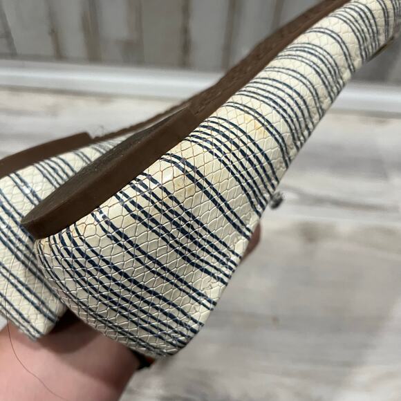 Tory Burch REVA 8 Beige Printed Piano Stripe Blue Gold Logo Ballet Flats Leather - Picture 7 of 9